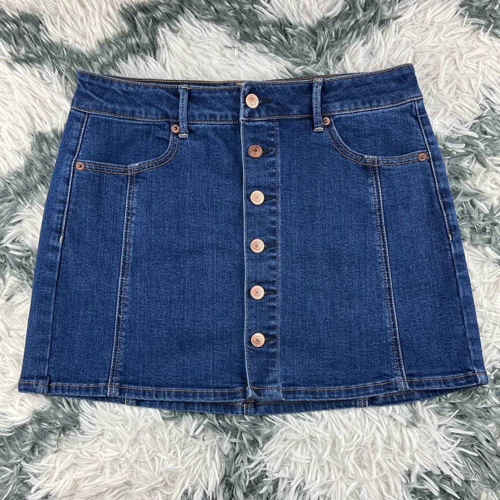 Classic Dark Blue Denim Button-Front Mini Skirt